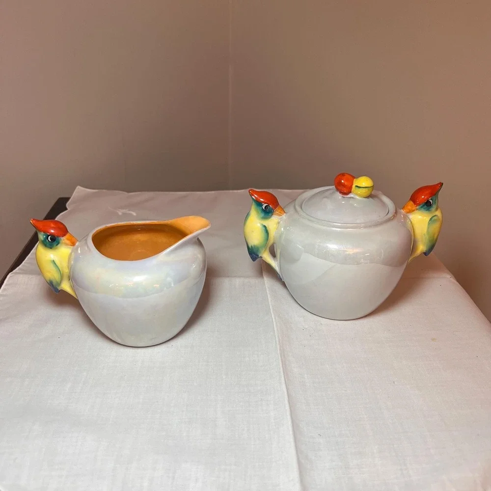 VTG  Lustreware Colorful Bird Cream & Sugar Set Japan Iridescent porcelain china